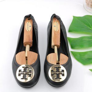 Tory Burch Reva Ballet Flats Gold Medallion Black Leather Comfy Stretch Size 7